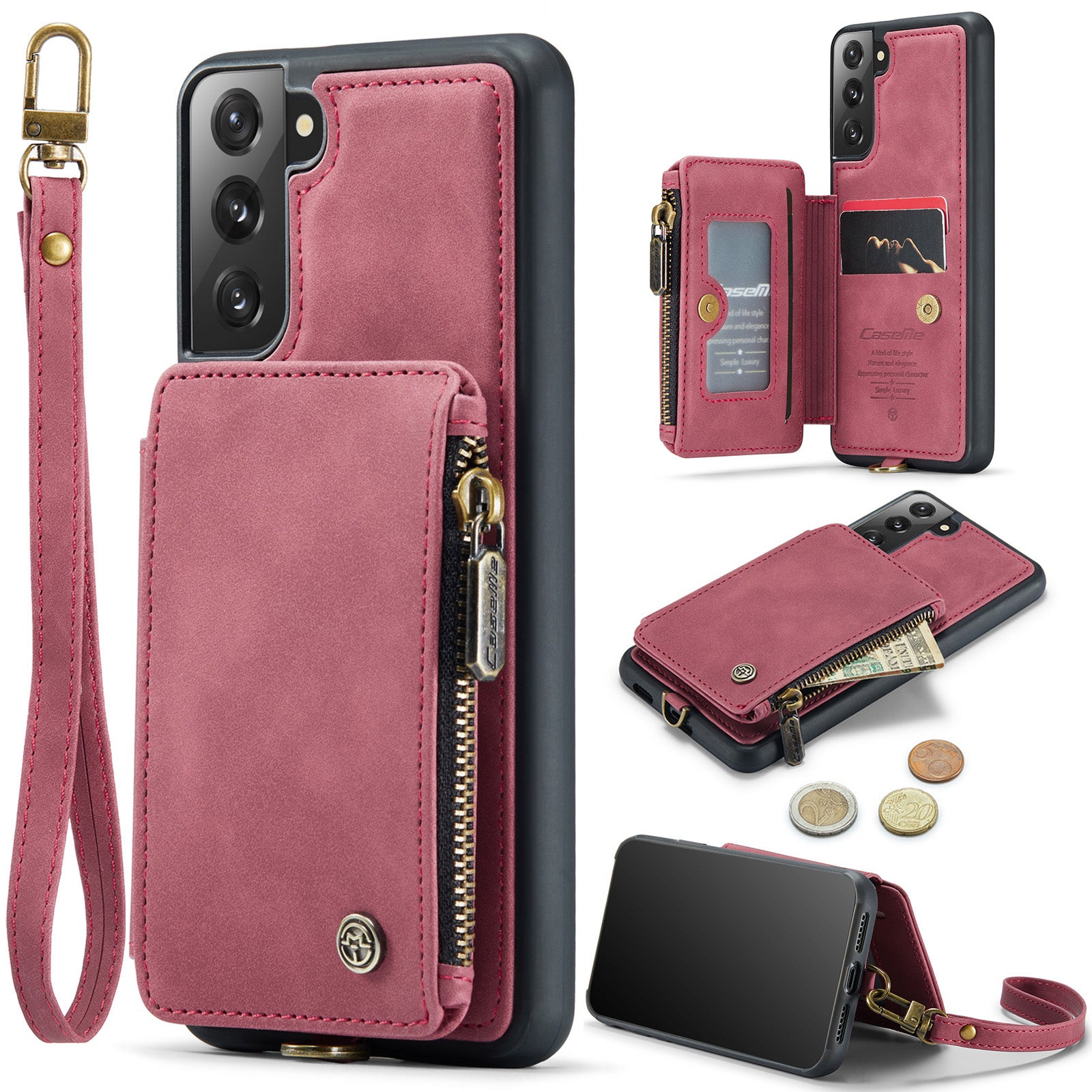 CASEME C20 Series for Samsung Galaxy S21 FE 5G Zipper Pocket RFID Blocking Phone Case PU Leather Coated TPU Kickstand Cover with Strap CASEME C20 Series for Samsung Galaxy S21 FE 5G Zipper Pocket RFID Blocking Phone Case PU Leather Coated TPU Kickstand Cover with Strap